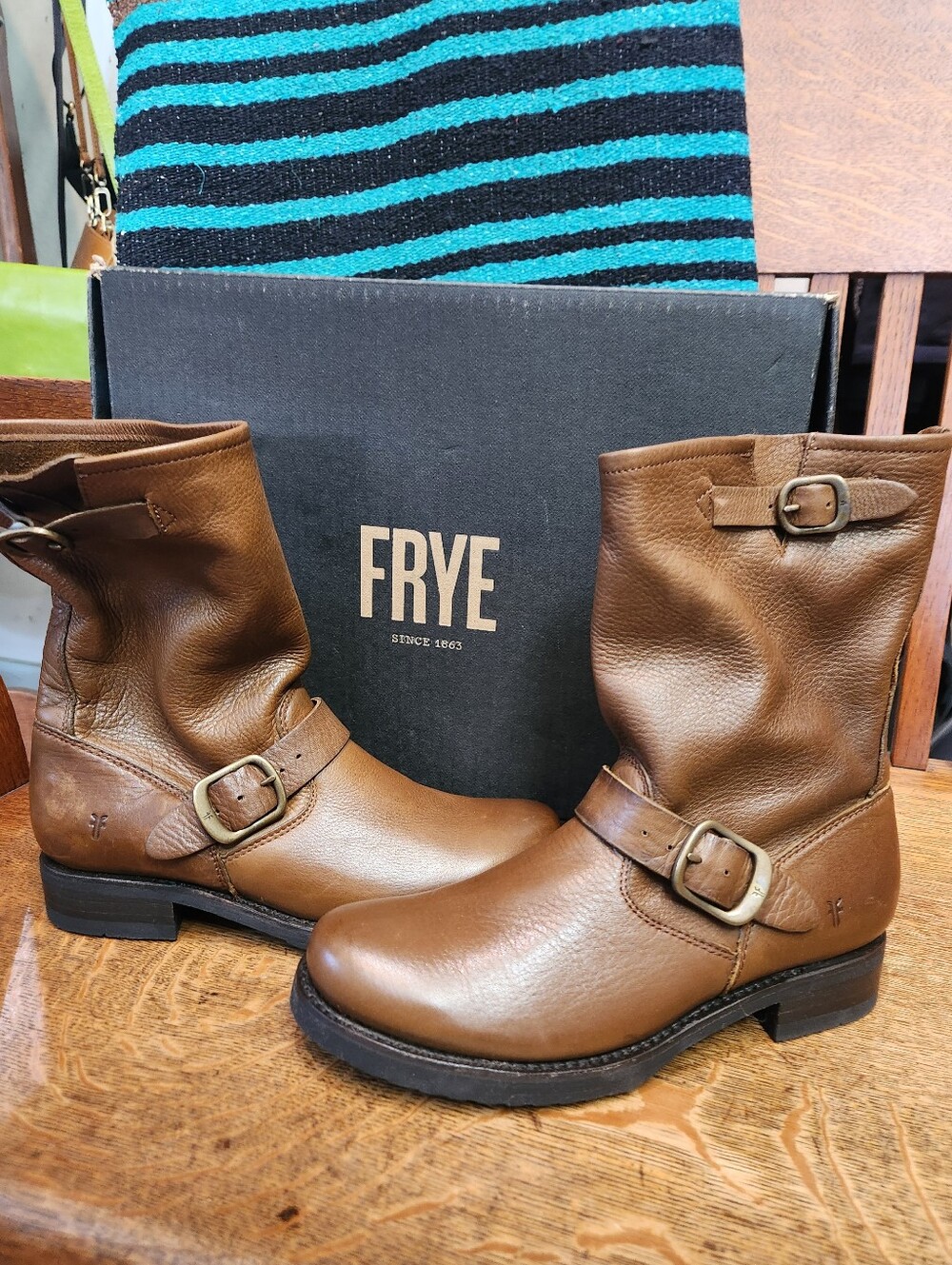 Frye Veronica Brown Leather Harness Short Boots